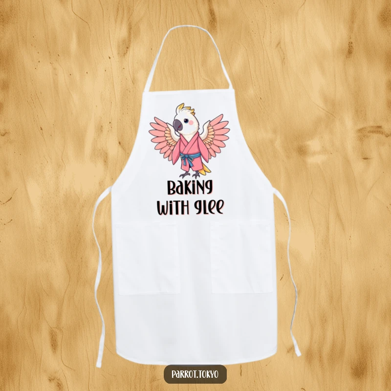 Funny cheerful parrot in a pink kimono, spreading its wings in a gentle arc, on a funny and stylish kitchen apron.