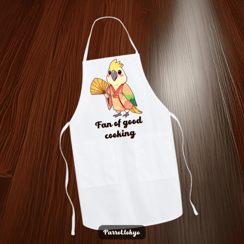 Funny apron with a cheerful parrot wearing a festive kimono and holding a fan, ready for culinary fun. Practical and amusing.