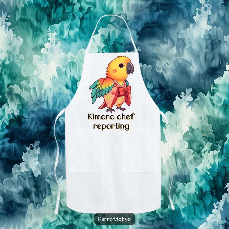 Funny vibrant parrot in a patterned kimono, bowing gracefully on this colorful, humorous apron.