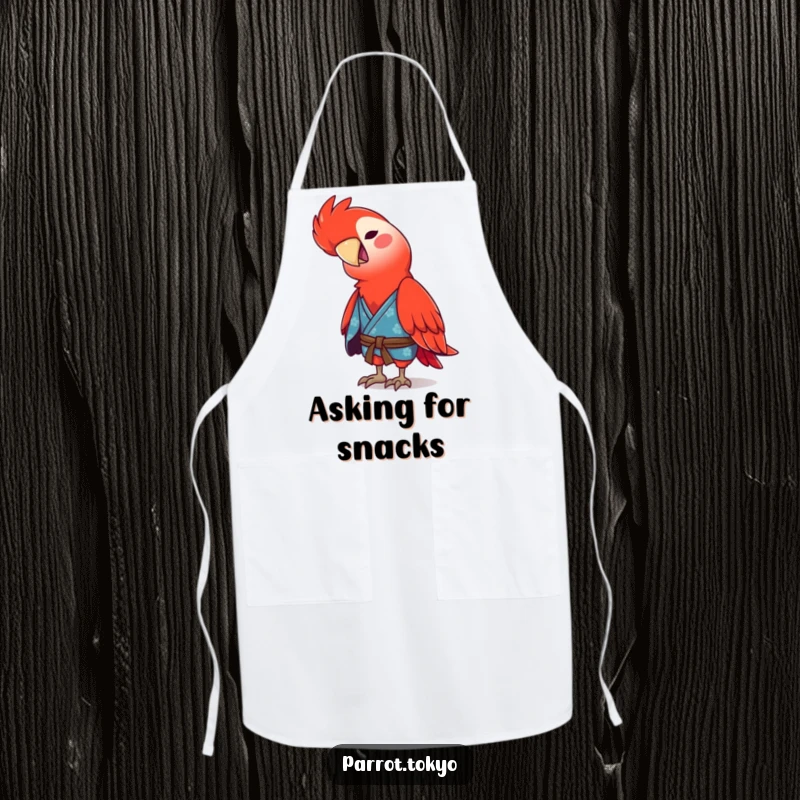 Funny red parrot in a blue kimono, tilting its head with a chirp, on a funny and practical kitchen apron.