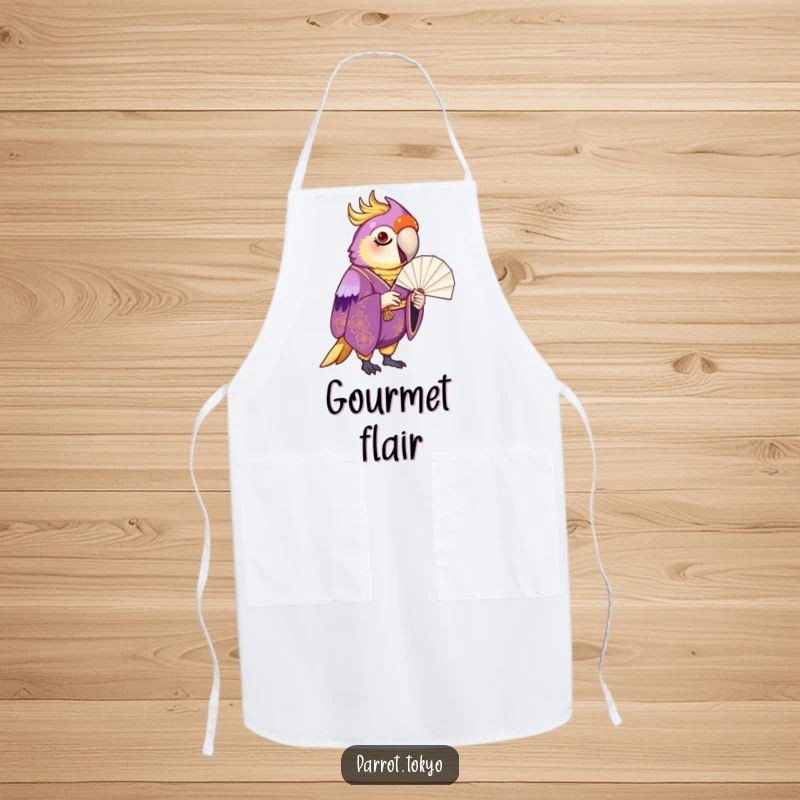 Funny proud parrot in a purple and gold kimono, inspecting a paper fan, on a funny and elegant kitchen apron.