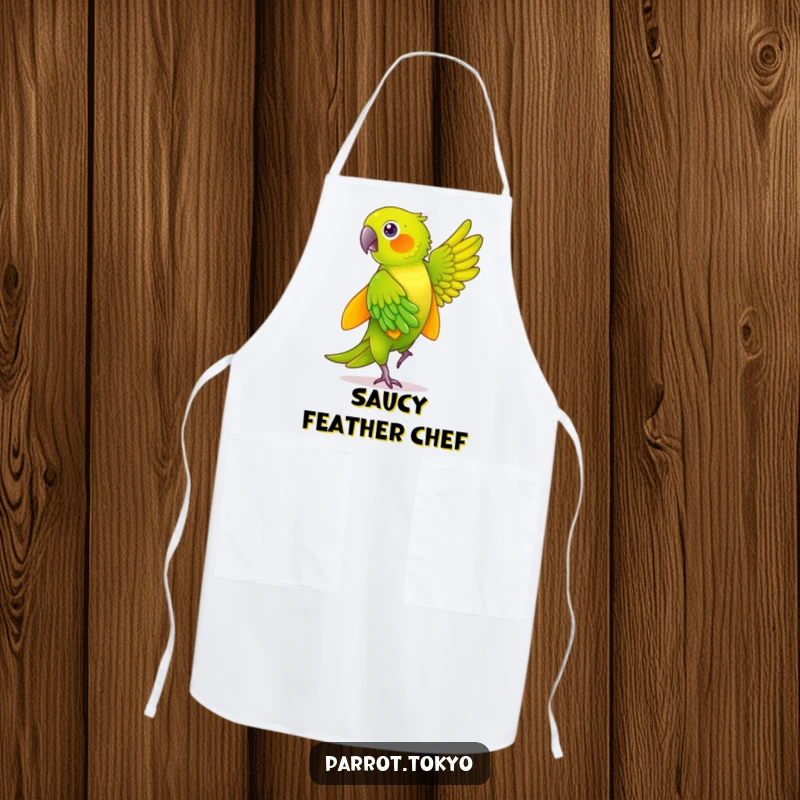 Funny green parrot in a yellow kimono, mid-dance with shimmering feathers, featured on a funny and functional kitchen apron.