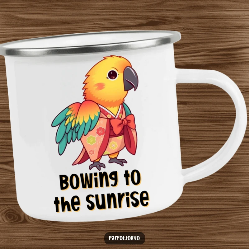 Funny vibrant parrot in a patterned kimono, bowing gracefully on this colorful, humorous enamel camping mug.