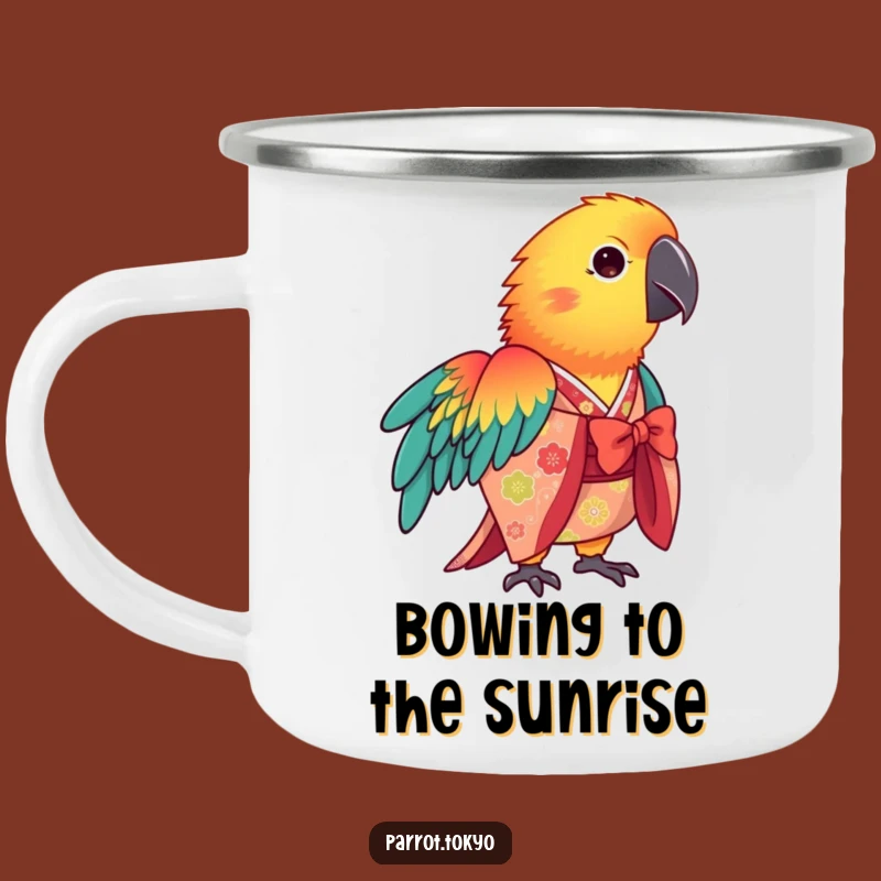Funny Parrot Kimono Camping Mug: Vibrant Adventures with Grace
