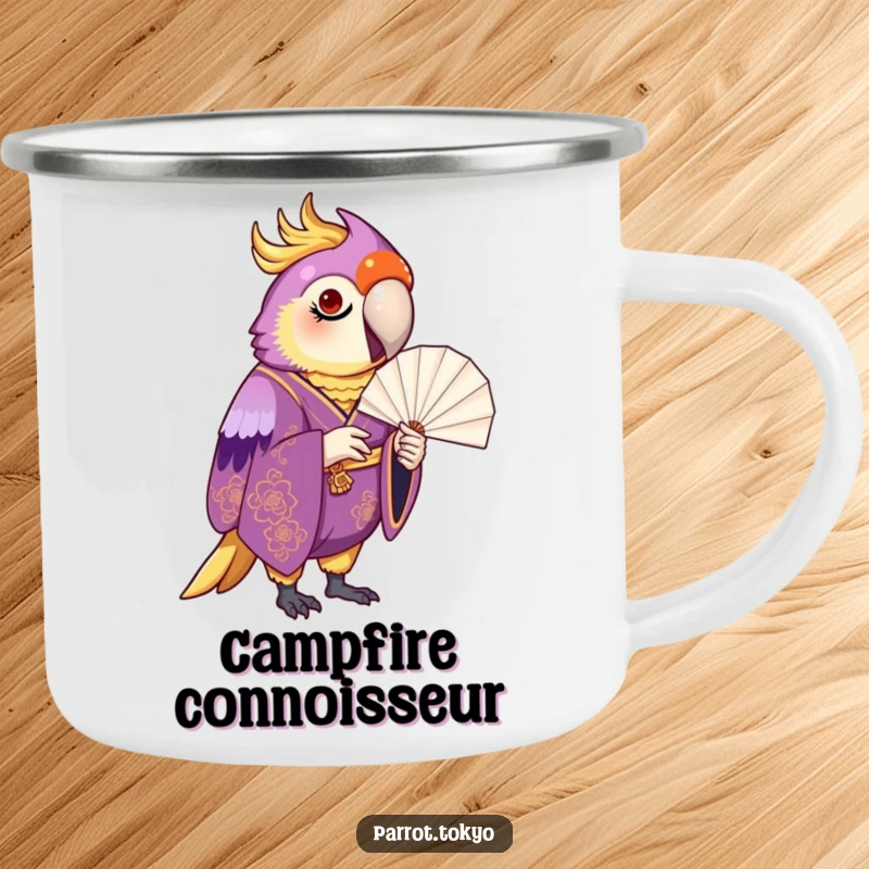 Funny proud parrot in a purple and gold kimono, inspecting a paper fan, on a rugged and humorous camping mug.