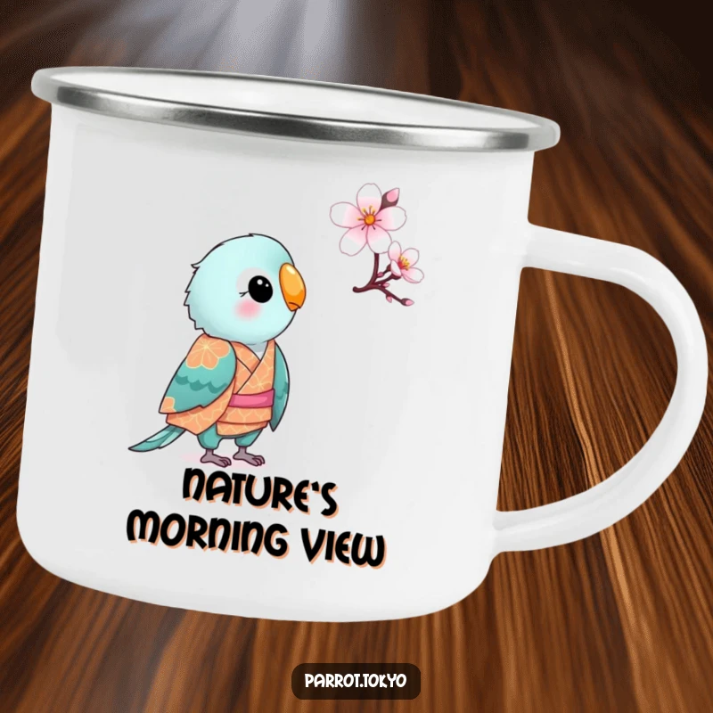 Funny small parrot in a patterned kimono, looking curiously at a cherry blossom, on a rugged and humorous camping mug.