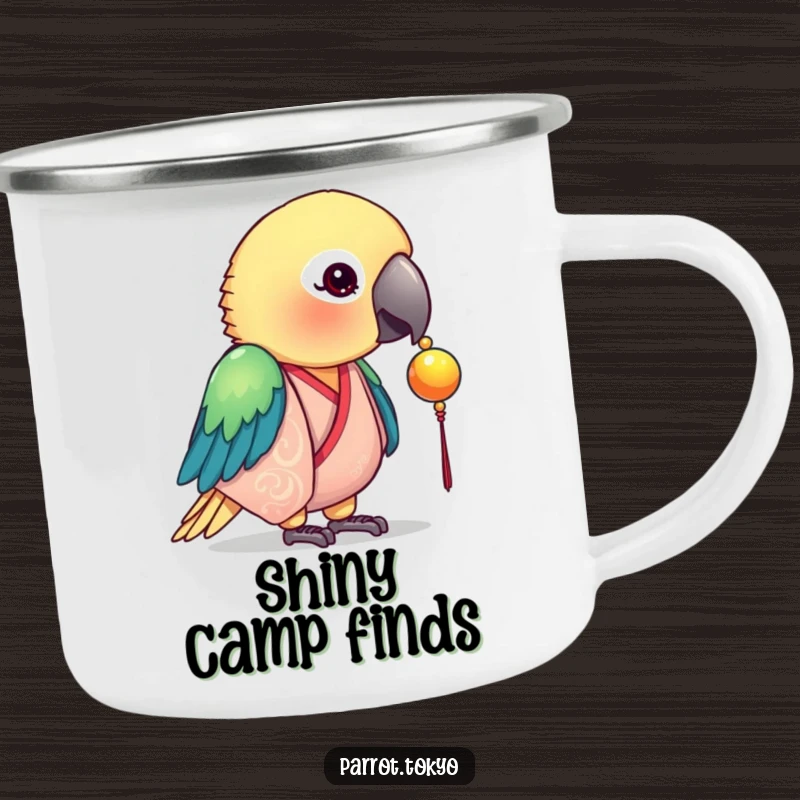Funny camping mug with a curious parrot in a silk kimono, pecking at a shiny bead. For the curious outdoors person.