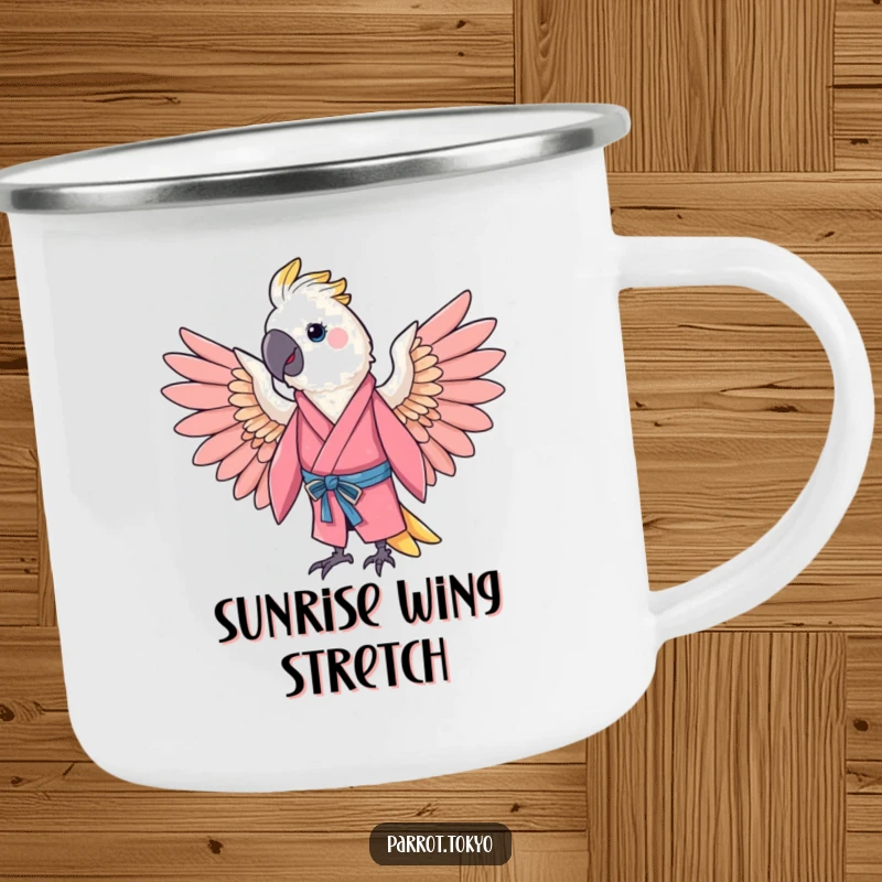 Funny cheerful parrot in a pink kimono, spreading its wings in a gentle arc, on a rugged and humorous camping mug.