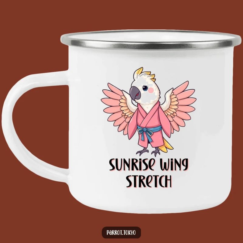 Funny Cheerful Parrot Pink Kimono Camping Mug - Outdoor Joy & Hilarious Sips