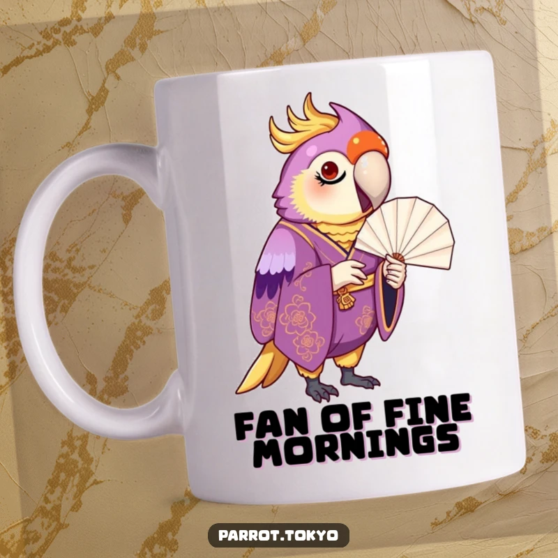 Funny proud parrot in a purple and gold kimono, inspecting a delicate paper fan with an air of sophistication.