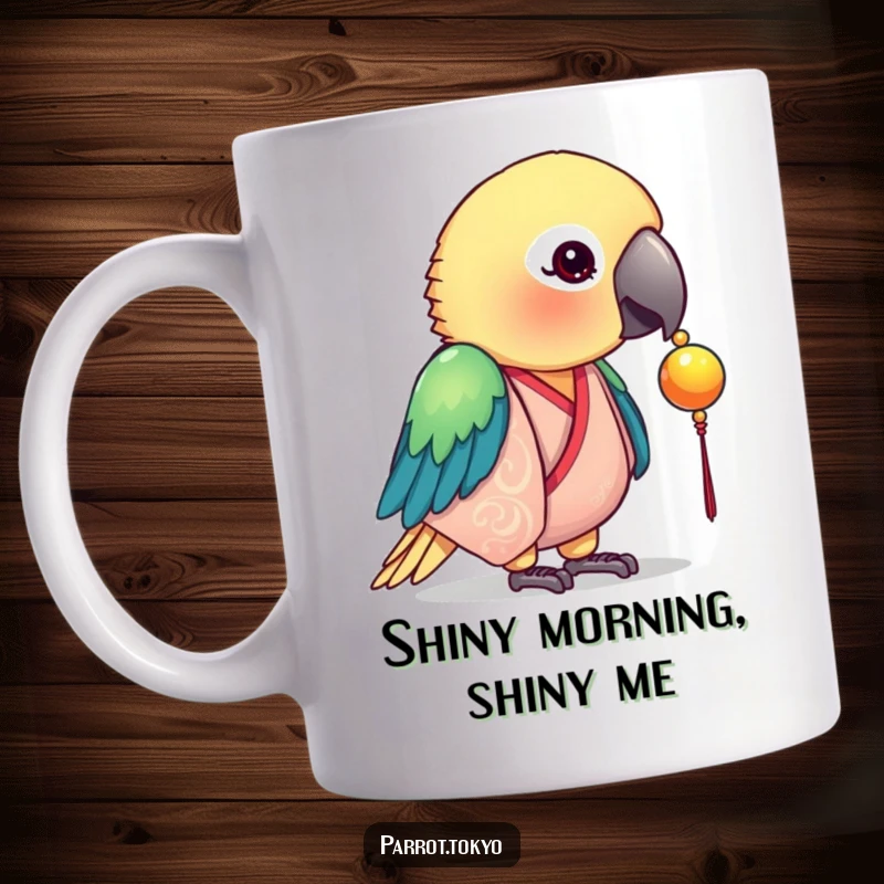 Funny mug featuring a curious parrot in a silk kimono, intently pecking at a shiny bead with playful focus.