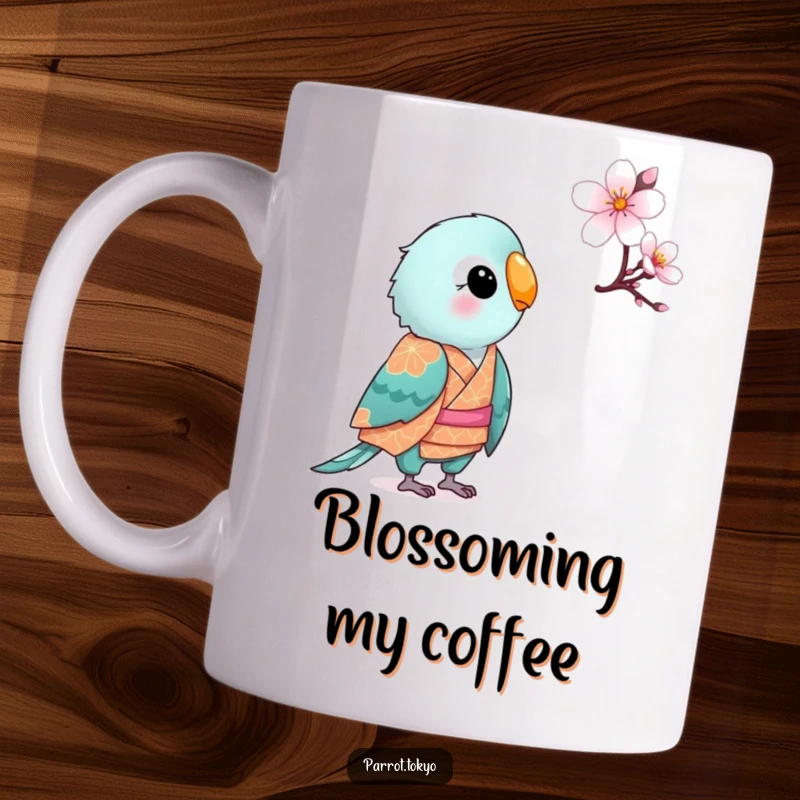 Funny small parrot in a patterned kimono, looking curiously at a blooming cherry blossom, on a charming mug.