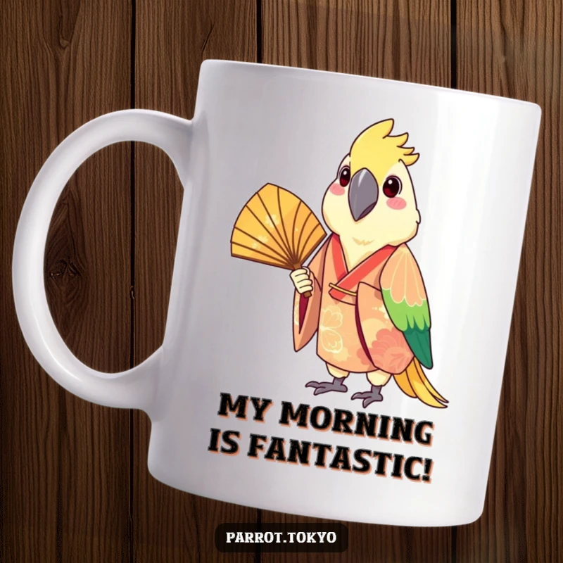 Funny mug featuring a cheerful parrot dressed in a festive kimono, holding a fan with a wide, happy grin. Adorable and humorous.