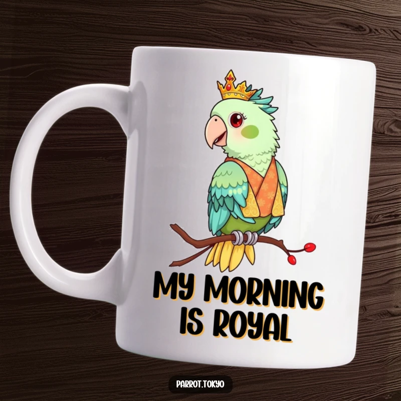 Funny mug featuring a regal parrot in an ornate kimono, perched with dignity and sophisticated charm.