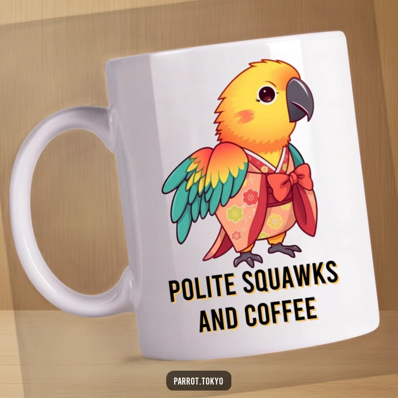 Funny vibrant parrot wearing a patterned kimono, bowing elegantly on this colorful, humorous mug.