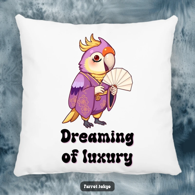 Funny proud parrot in a purple and gold kimono, holding a paper fan, on a soft and humorous pillow.