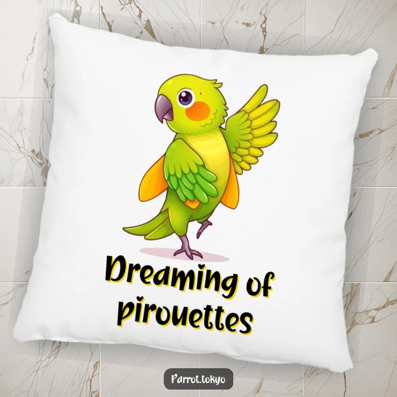 Funny green parrot in a yellow kimono, feathers shimmering during a graceful dance, on a soft and humorous pillow.