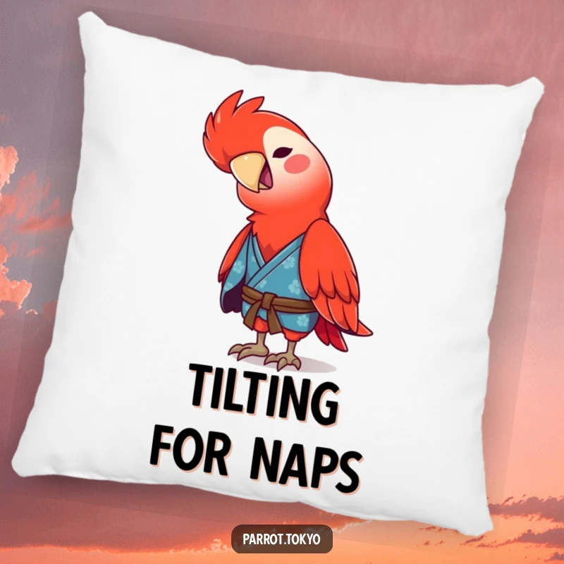 Funny red parrot wearing a blue kimono, tilting its head with a chirp, on a soft and humorous pillow.