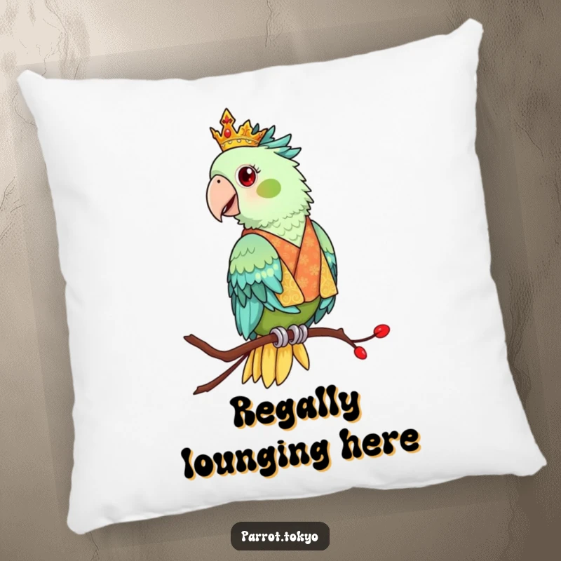 Funny pillow featuring a regal parrot in an ornate kimono, perched elegantly. Adds comfort and sophisticated flair.