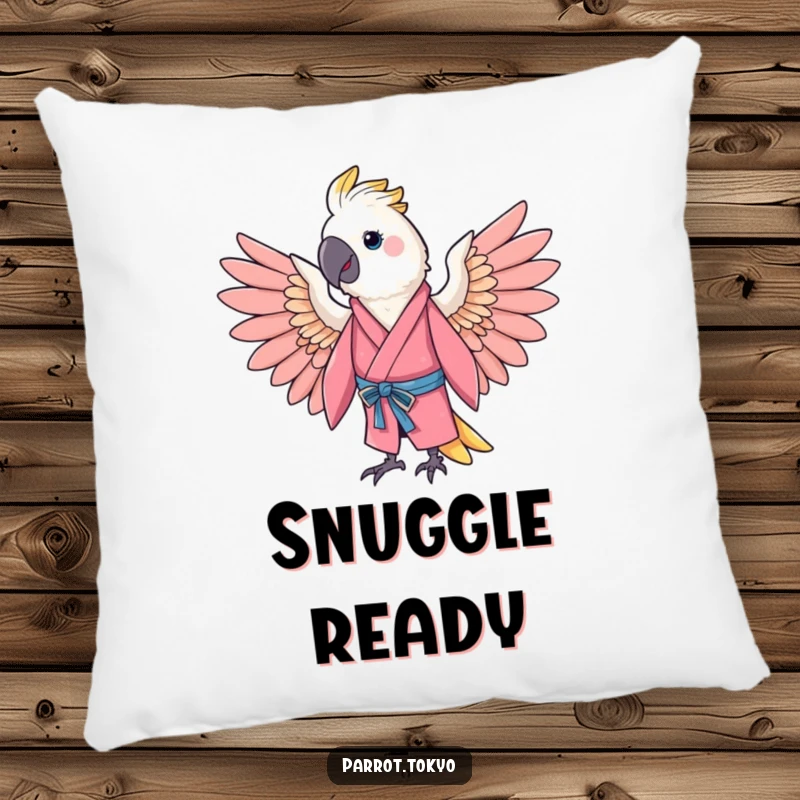 Funny cheerful parrot in a pink kimono, spreading its wings in a gentle arc, on a soft and humorous pillow.