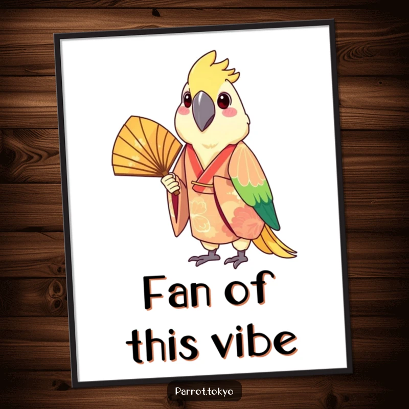 Funny digital art print of a cheerful parrot in a festive kimono holding a fan, ready to brighten any digital space.