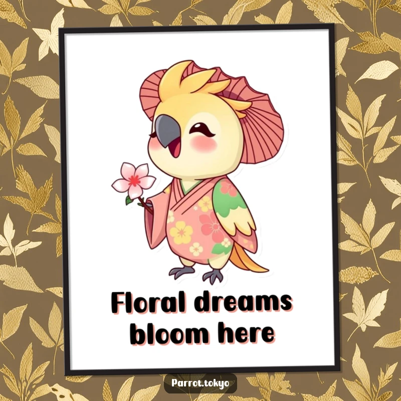 Funny digital art print of a delighted parrot in a floral kimono, offering a tiny blossom. Charming and artistic.