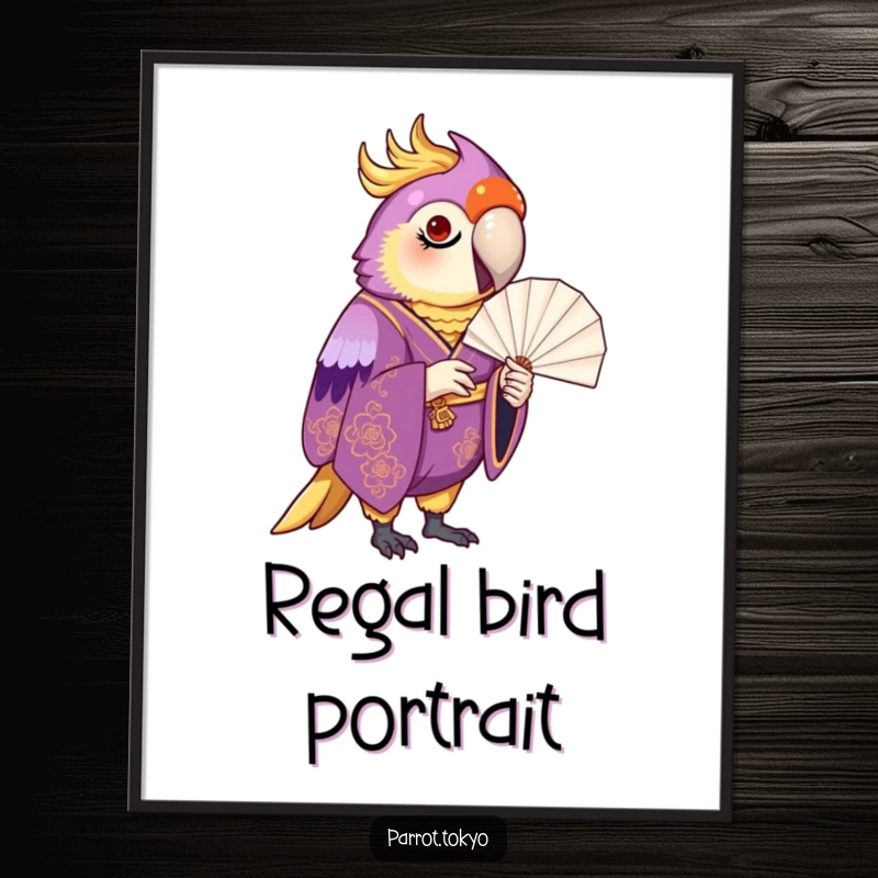 Funny proud parrot in a purple and gold kimono, inspecting a paper fan, as an elegant digital art print.