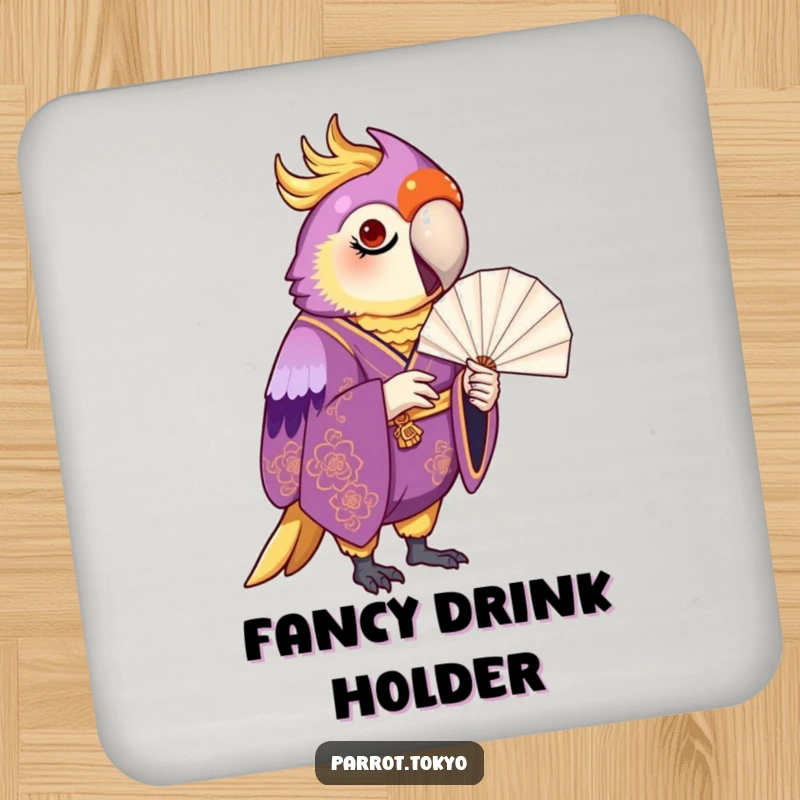 Funny proud parrot in a purple and gold kimono, inspecting a paper fan, on a humorous and elegant drink coaster.