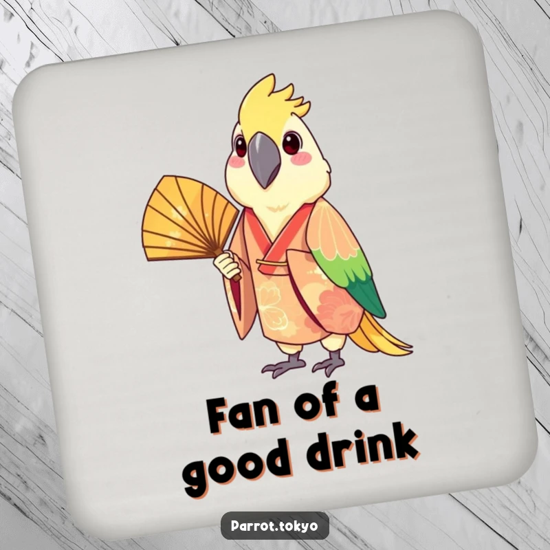Funny drink coaster featuring a cheerful parrot in a festive kimono holding a fan. Protects surfaces with avian charm.