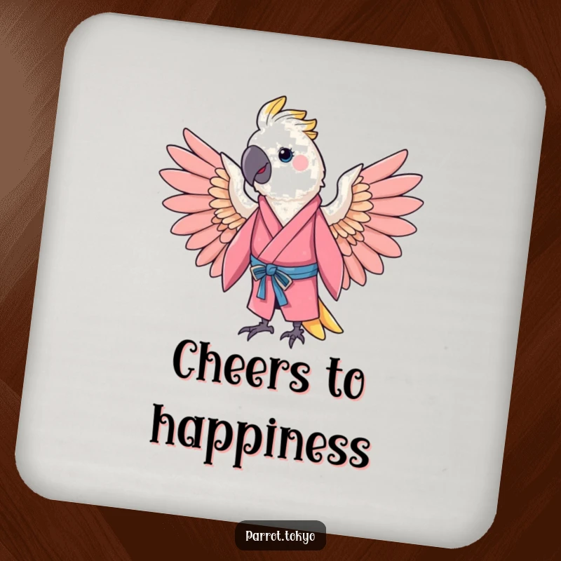 Funny cheerful parrot in a pink kimono, spreading its wings in a gentle arc, on a humorous and cheerful drink coaster.