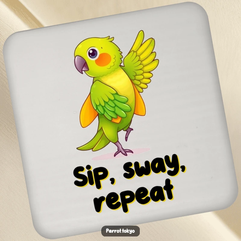 Funny green parrot in a yellow kimono, feathers shimmering during a dance, depicted on a humorous drink coaster.