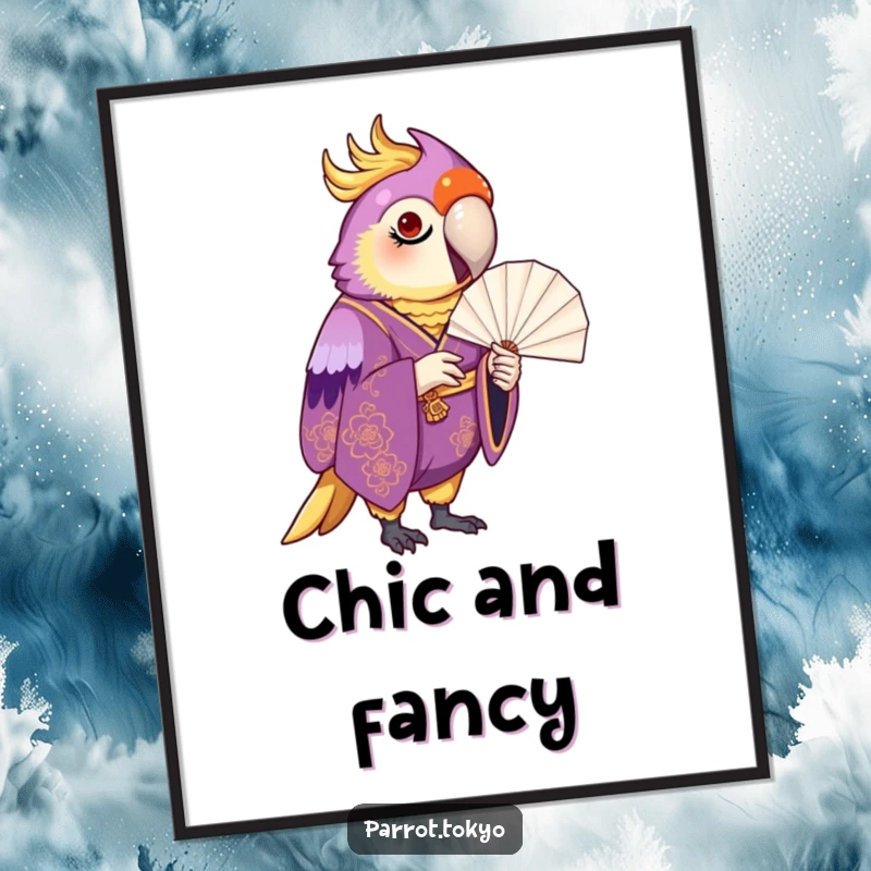 Funny proud parrot in a purple and gold kimono, delicately inspecting a paper fan, featured as elegant wall art.