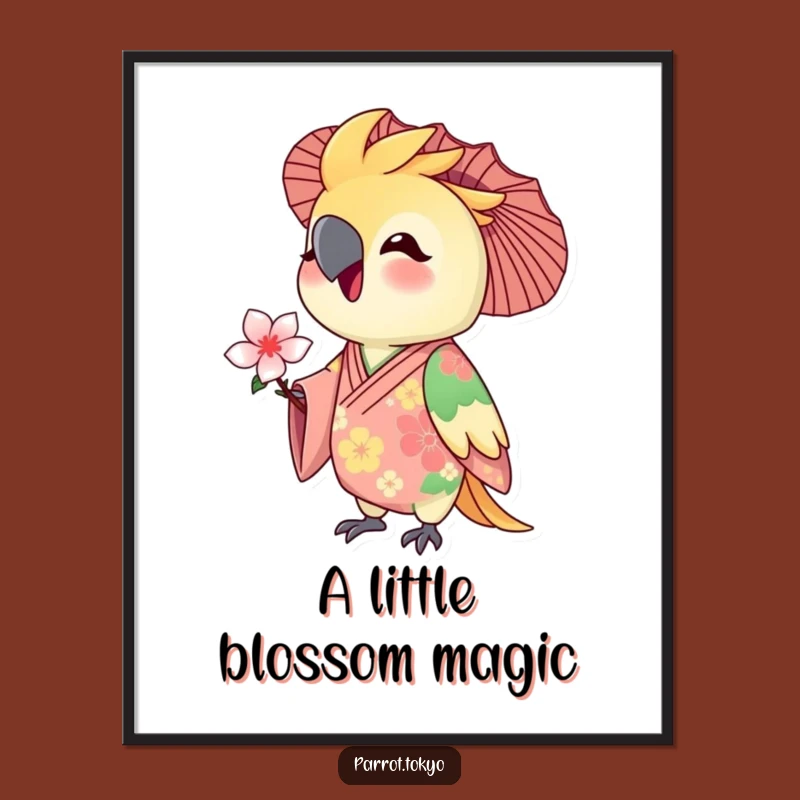 Funny Floral Kimono Parrot Art Print - Delighted Bird Blossom Decor