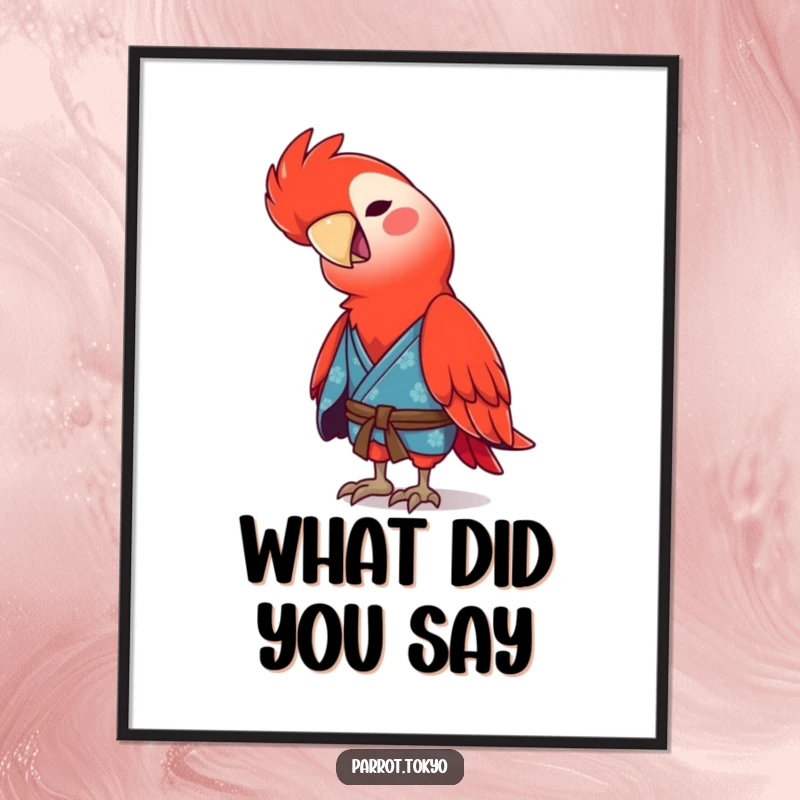 Funny red parrot in a blue kimono, tilting its head with a playful chirp, creating whimsical and humorous wall art.