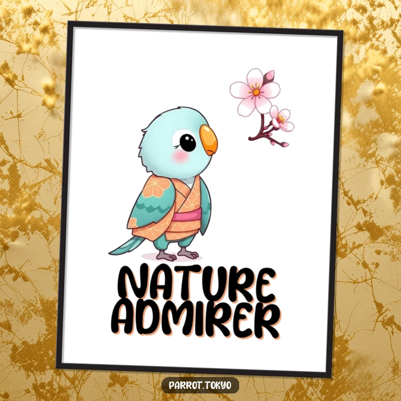 Funny small parrot in a patterned kimono, looking curiously at a blooming cherry blossom, creating serene and humorous wall art.