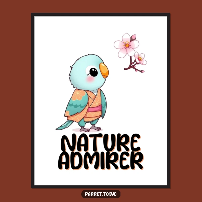 Funny Small Parrot Kimono Blossom Poster - Serene & Hilarious Wall Art