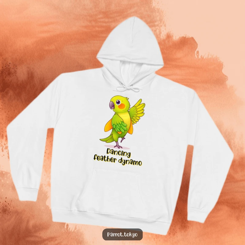 Funny green parrot elegantly dancing in a bright yellow kimono, feathers shimmering, featured on a cozy, humorous hoodie.