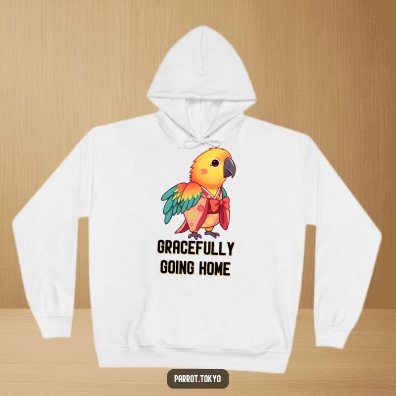 Funny vibrant parrot wearing a patterned kimono, bowing gracefully, printed on a soft, humorous hoodie.
