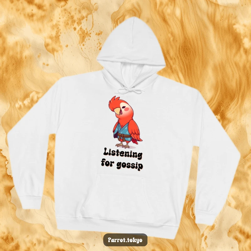 Funny red parrot in a blue kimono, playfully tilting its head, on a warm and humorous hoodie.