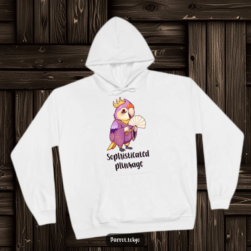 Funny proud parrot in a gorgeous purple and gold kimono, holding a paper fan, on a comfortable and humorous hoodie.