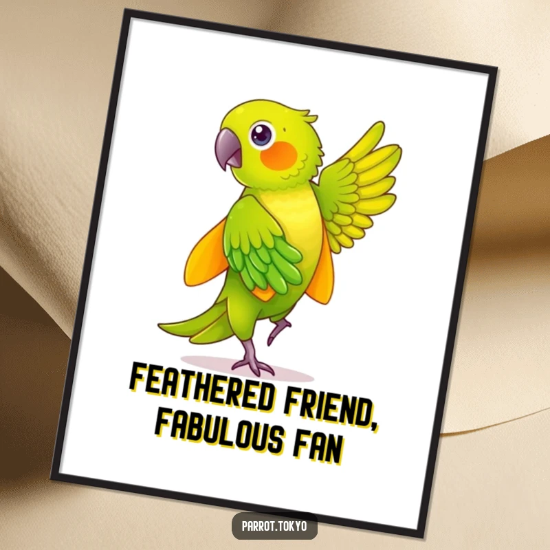 Funny Free Printable Wall Art: A green parrot in a vibrant yellow kimono dancing with joyful abandon.