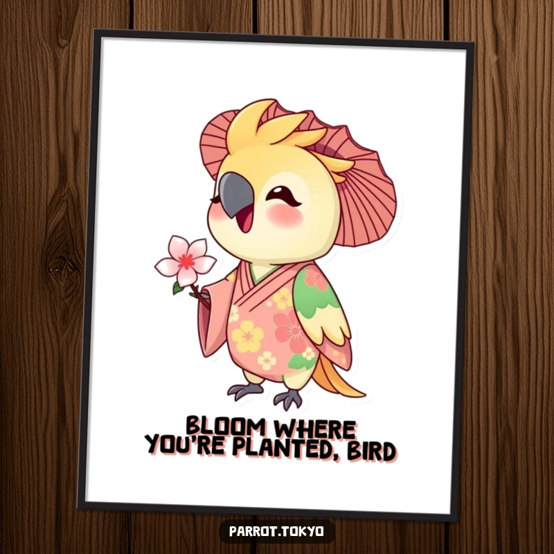 Funny Free Printable Wall Art: A delighted parrot in a floral kimono offers a tiny blossom, adding charm to your decor.