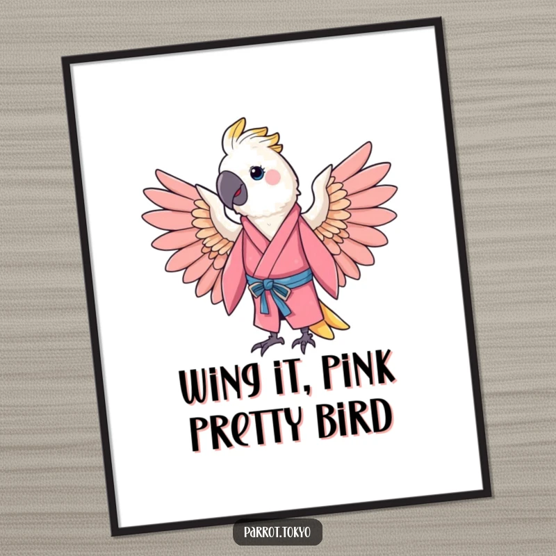 Funny Free Printable Wall Art: A cheerful parrot in a pink kimono spreading its wings in a gentle arc.