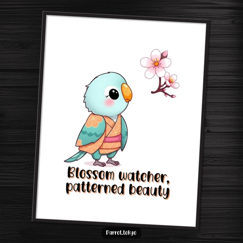 Funny Free Printable Wall Art: A small parrot in a patterned kimono looks curiously at a single blooming cherry blossom.