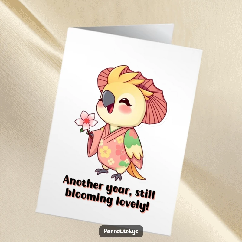 Funny Free Printable Birthday Card: A delighted parrot in a floral kimono joyfully offers a tiny blossom for a birthday.