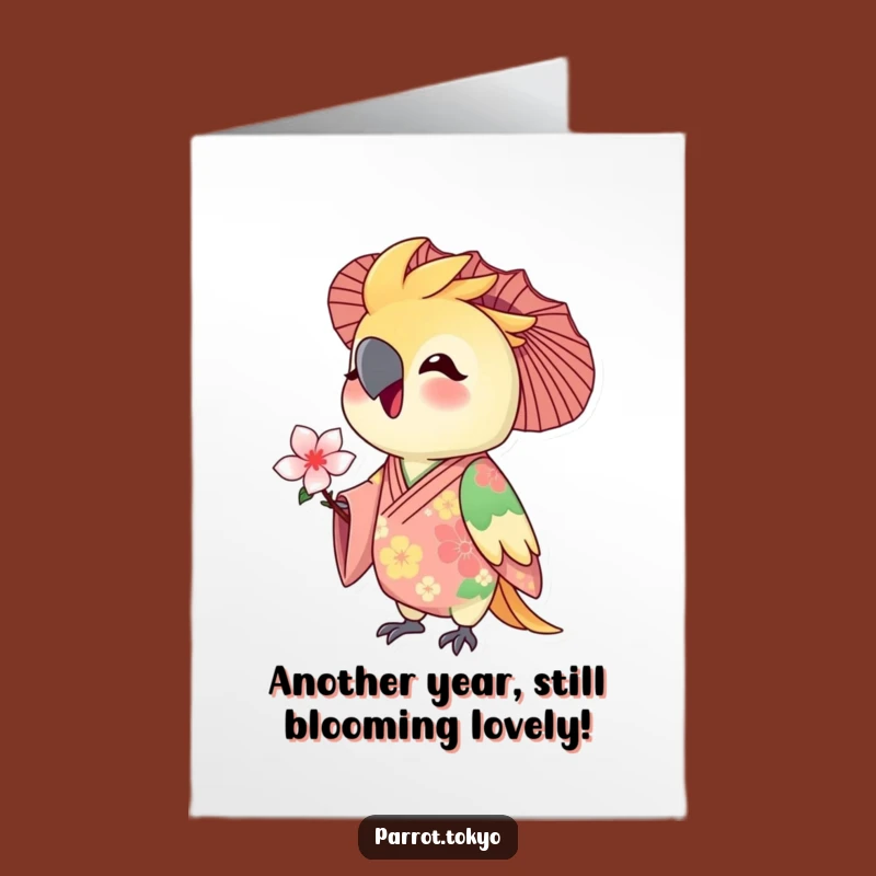 Free Printable Birthday Card: Happy Parrot in Floral Kimono Offers Blossom - Funny Downloadable Gift