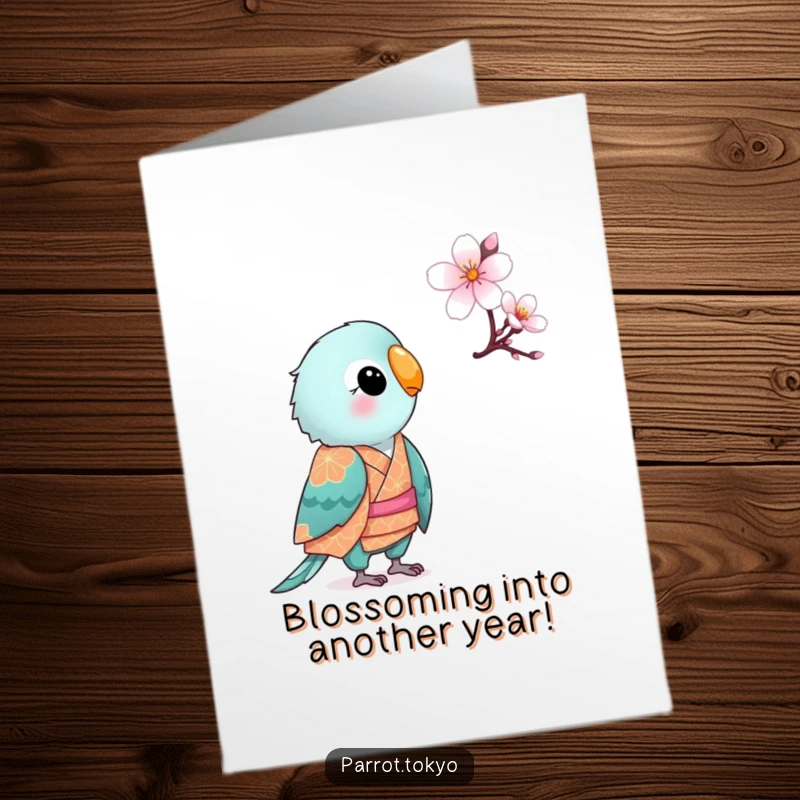 Funny Free Printable Birthday Card: Small parrot in a kimono curiously looking at a cherry blossom.