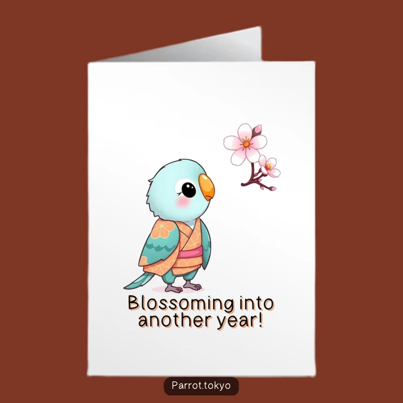 Free Printable Funny Birthday Card: Curious Parrot & Cherry Blossom