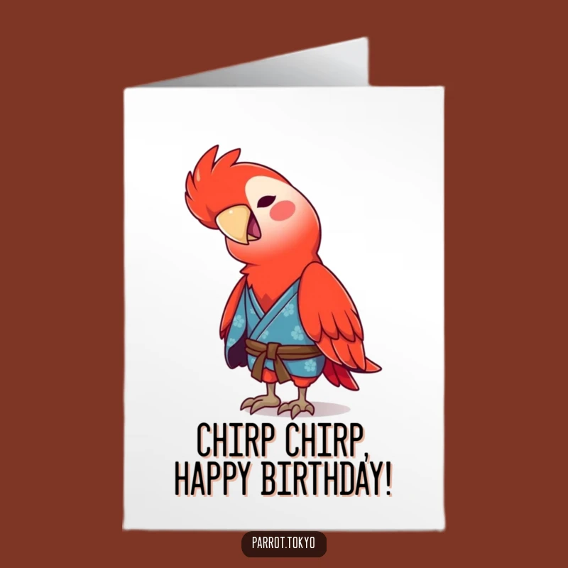 Free Printable Funny Birthday Card: Playful Red Parrot in Blue Kimono