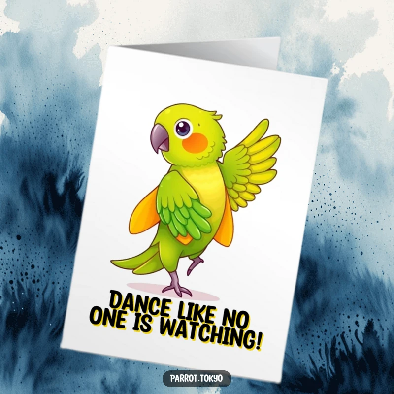 Funny Free Printable Birthday Card: Green parrot in a yellow kimono dancing joyfully, feathers shimmering.